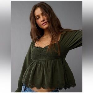 NWT AE Olive Green Smocked Women's Top
